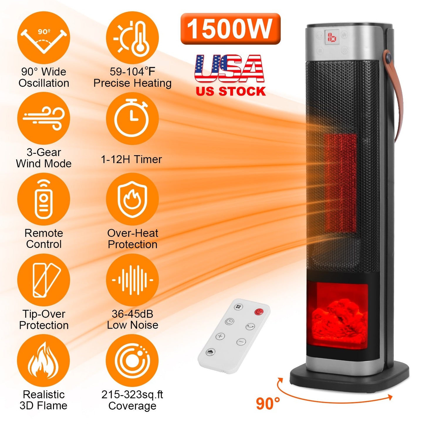 1500W Oscillating Ceramic Tower Space Heater with 3D Flame