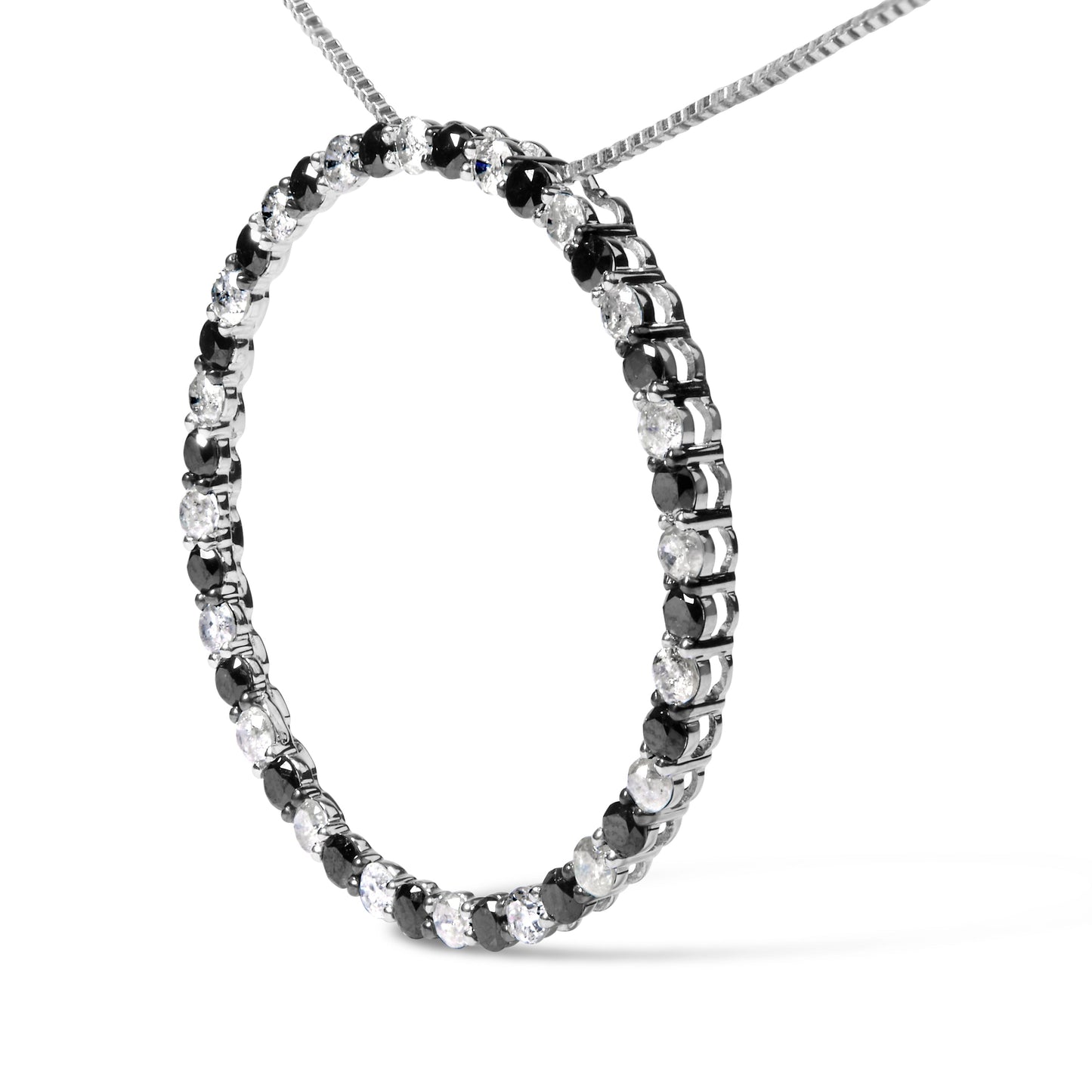 .925 Sterling Silver Black & White Diamond Open Hoop Pendant Necklace