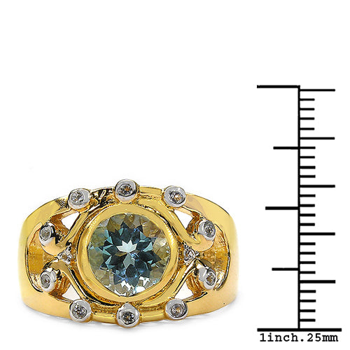 Anillo de Topacio Azul y Topacio Blanco Bañado en Oro Amarillo de 14K