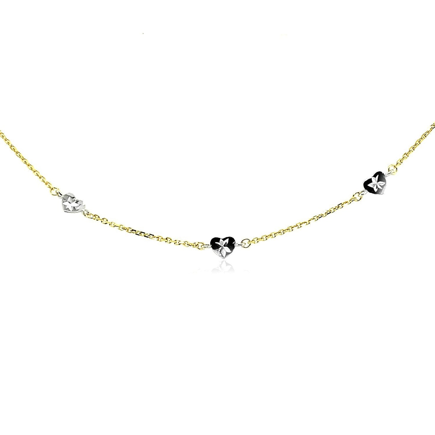 Tobillera de Oro de Dos Tonos de 14k con Estaciones en Forma de Corazón