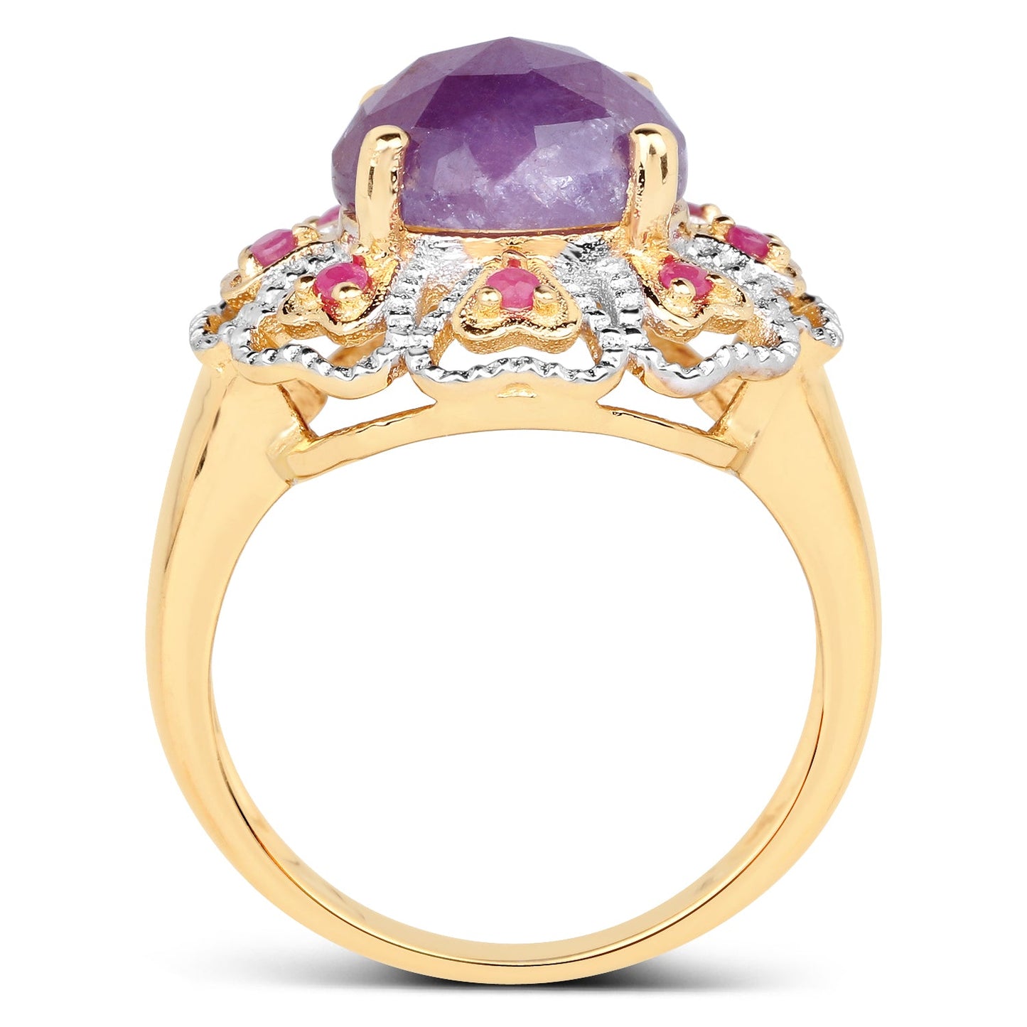 Bague cocktail en saphir rose et rubis plaquée or jaune 14K