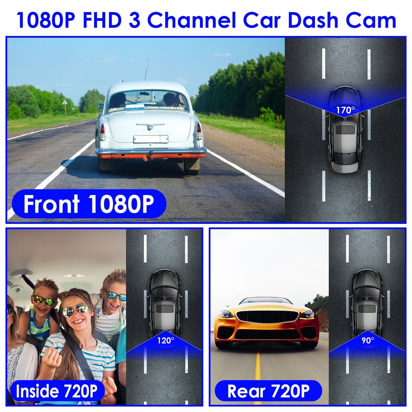 WiFi FHD 1080P 3-Channel Car Dash Cam with 64G Card