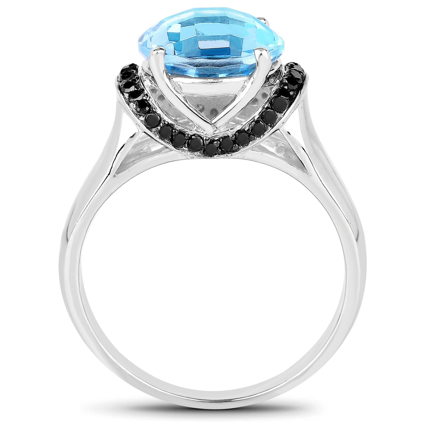 Bague en argent sterling avec topaze bleue suisse de 4,94 carats et diamants noirs