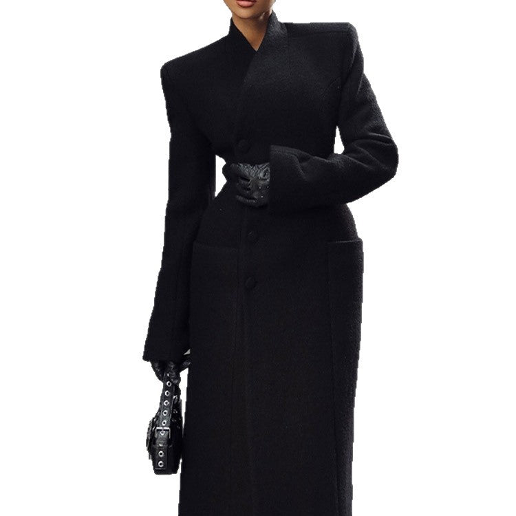 Temperament Shoulder-Padded Waist-Cinching Wool Coat for Women