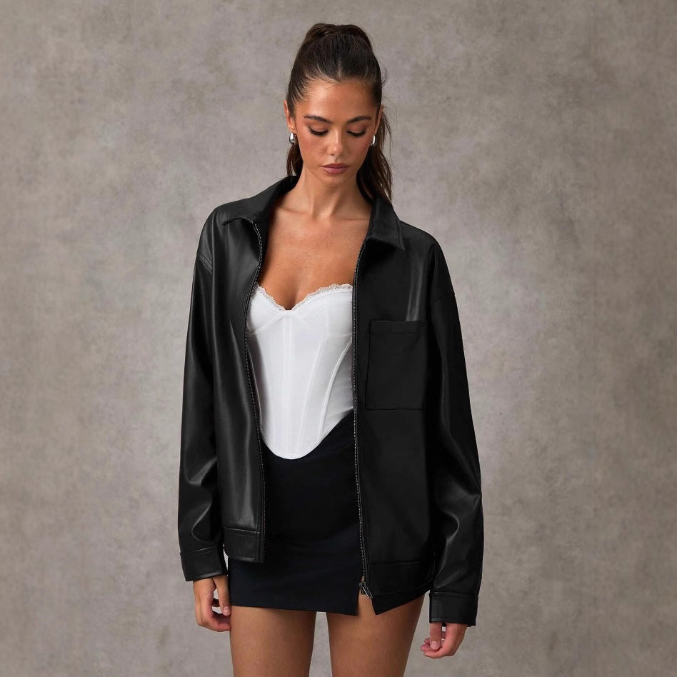 Chaqueta Bomber de Cuero Sofisticada con Cuello de Solapa