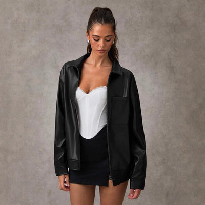 Sophisticated Leather Bomber Jacket with Lapel Collar
