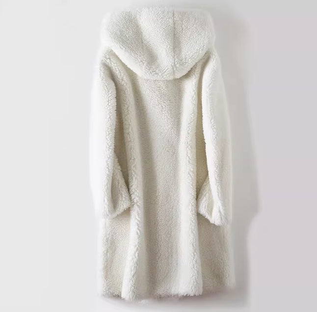 Women's Mid-Length Hooded Coat in Composite Leather and Fur