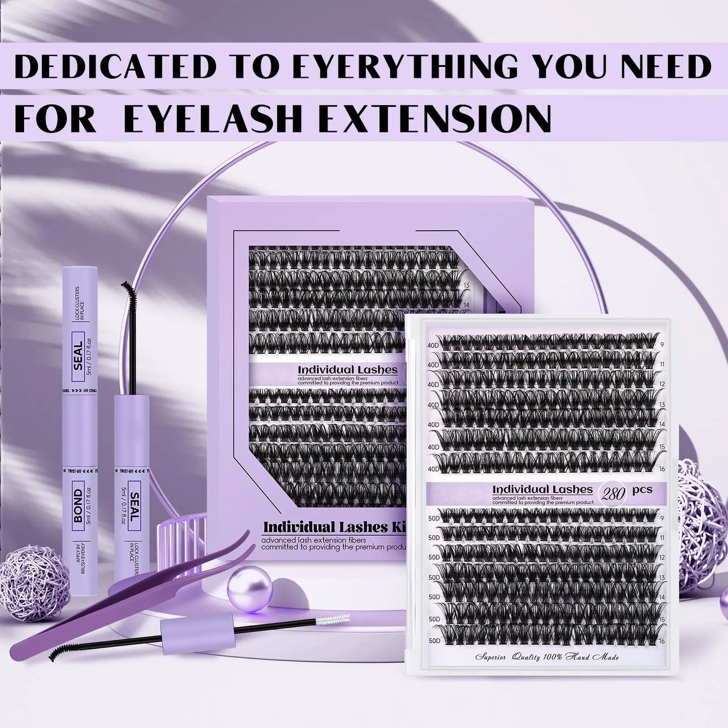 Kit de Extensión de Pestañas para Principiantes - 280pcs de Grupos de Pestañas Mixtos