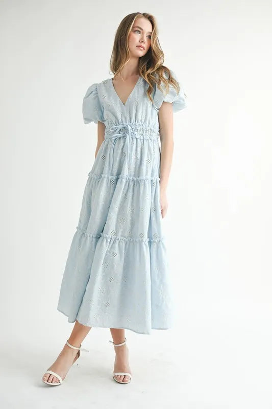 Elegant Eyelet Lace Puff Sleeve Midi Dress for Women
