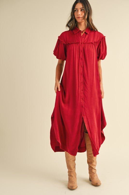 Robe chemise à manches bouffantes en lavage minéral