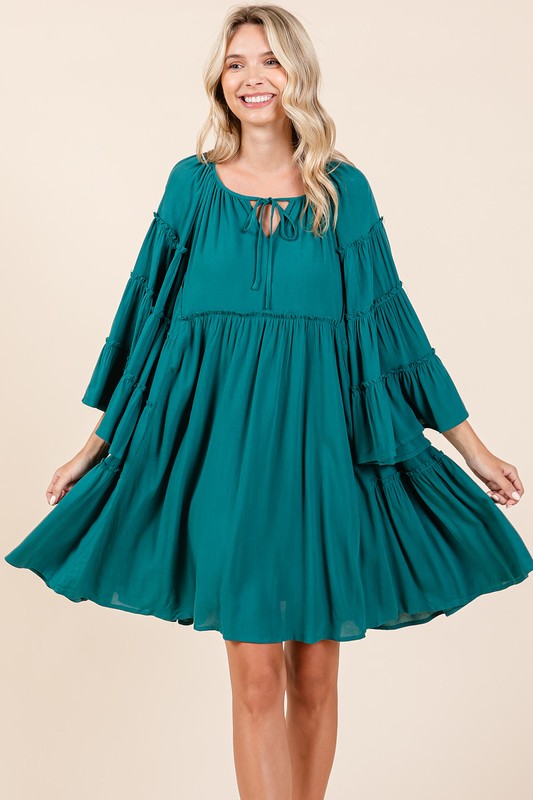 Chic Frill Tie Neck Bell Sleeve Dress for Women – A Perfect Blend of Elegance and Whimsy - Korvel
