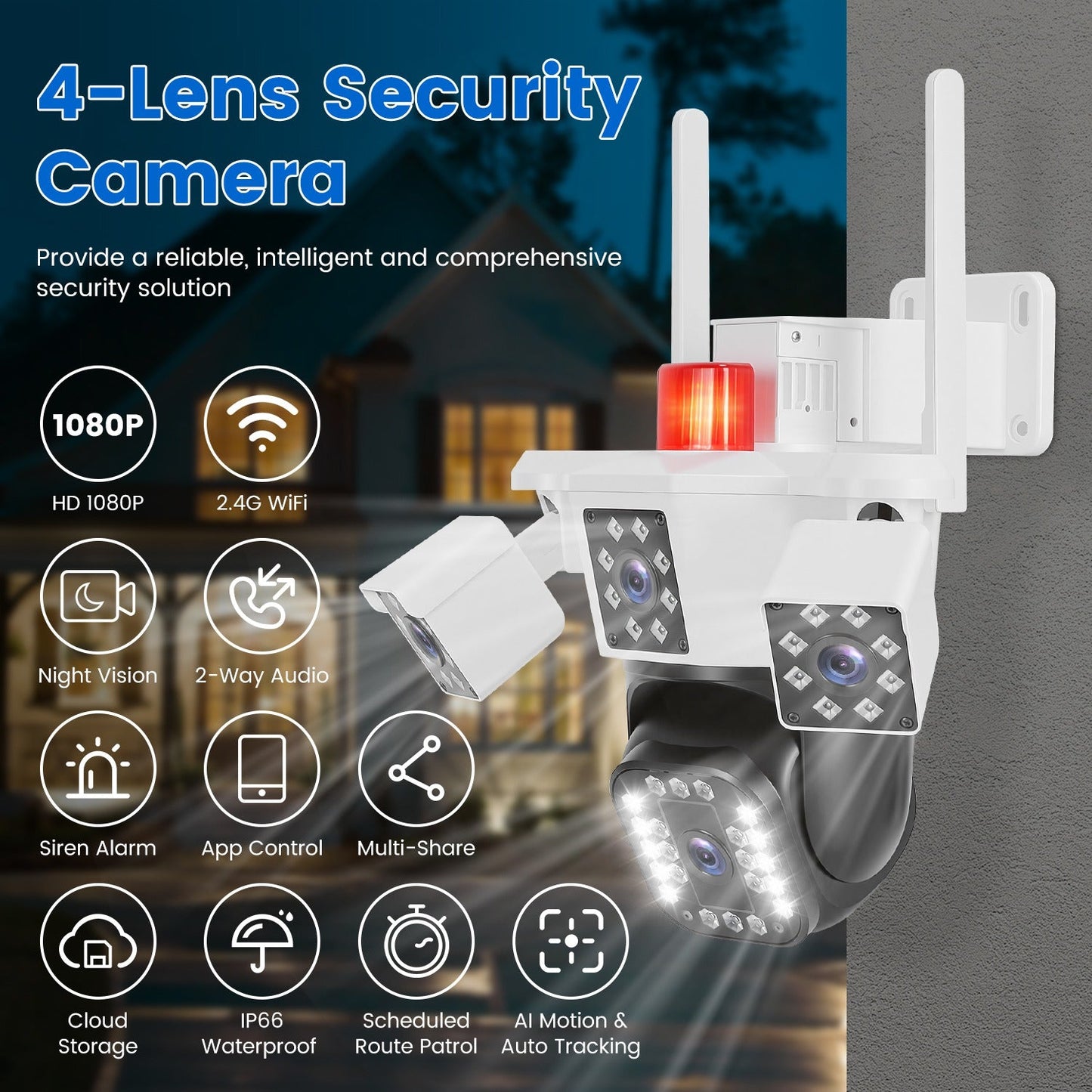 Cámara de vigilancia WiFi 4 lentes 1080P HD con visión nocturna