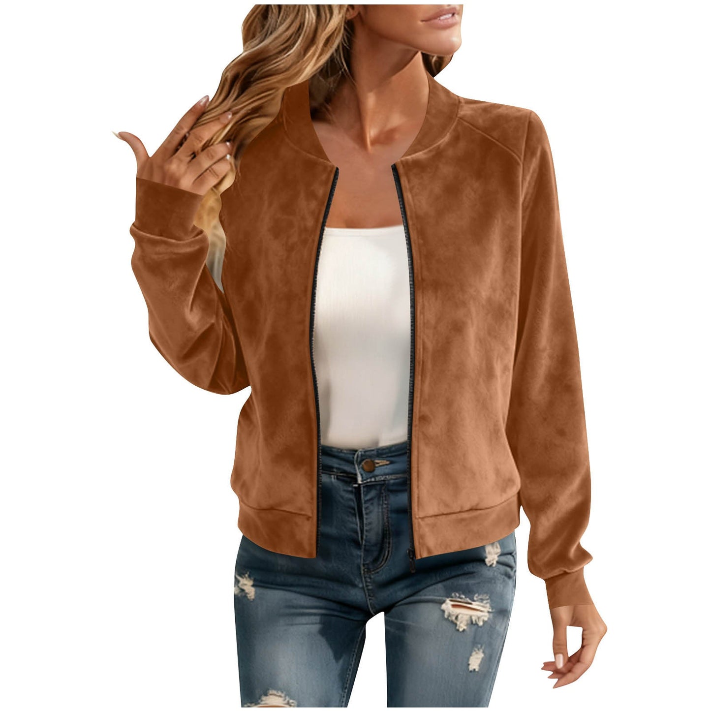Elegant Round-neck Zip-up Deerskin-fleece Bomber Jacket