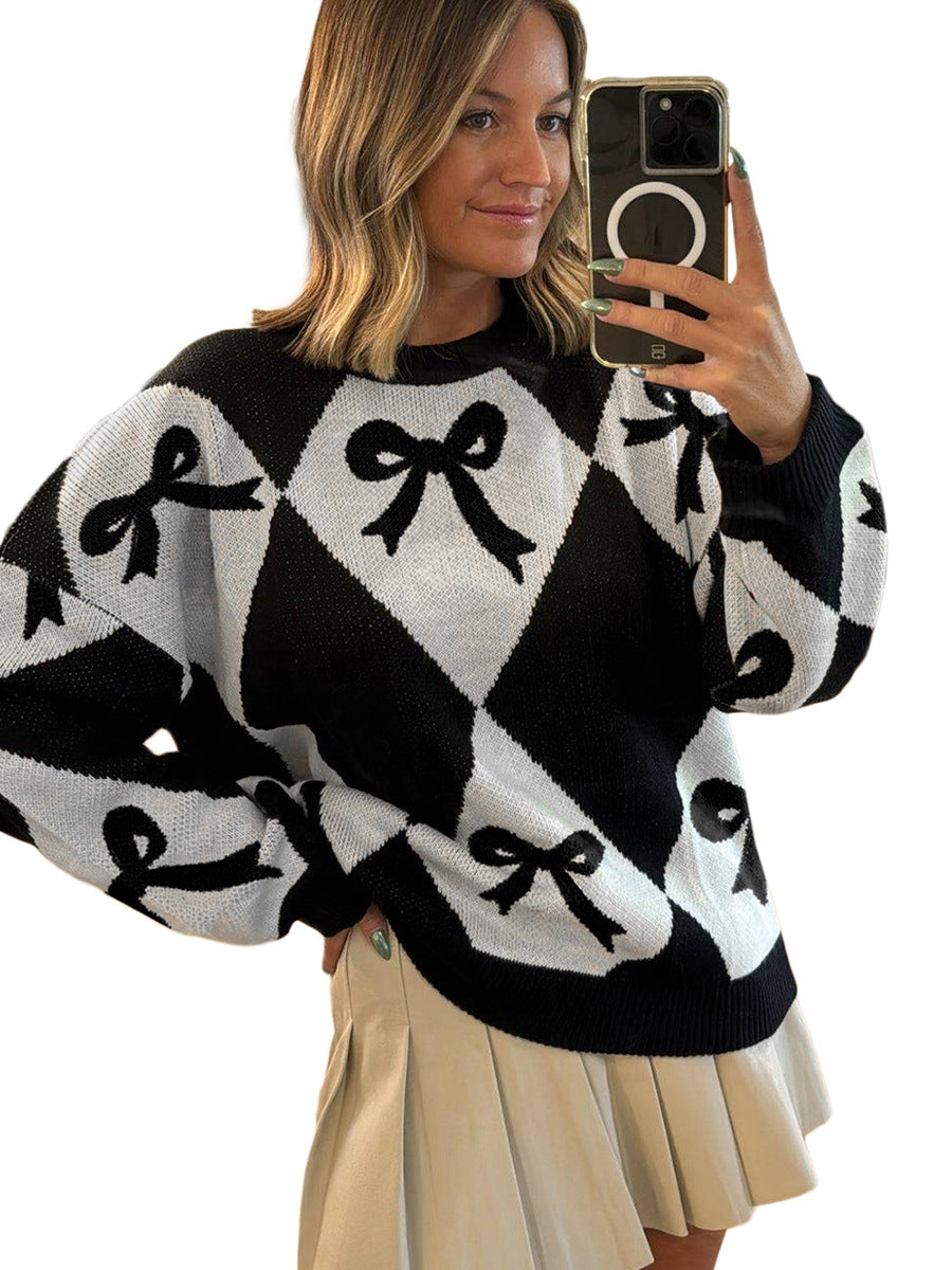 Womens Trendy Pullover Sweater with Bow-knot Print