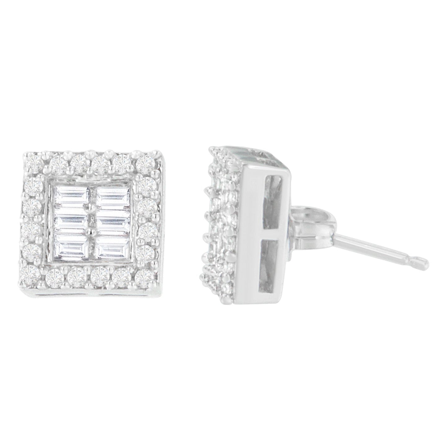 Pendientes de diamantes en oro blanco de 14 quilates con forma redonda y baguette