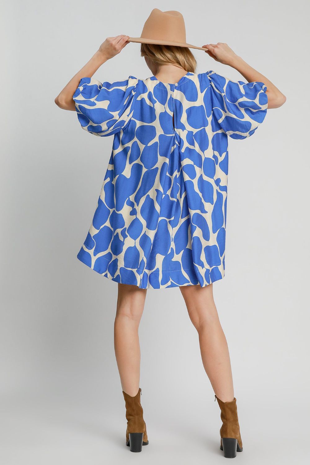 Blue Two Tone Abstract Print Puff Sleeve Dress