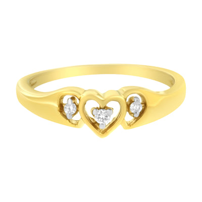 10KT Yellow Gold Triple Heart Diamond Ring - Size 7