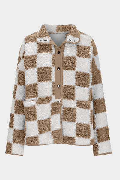 Chaqueta de Teddy de Manga Larga con Botones y Diseño a Cuadros Elegante
