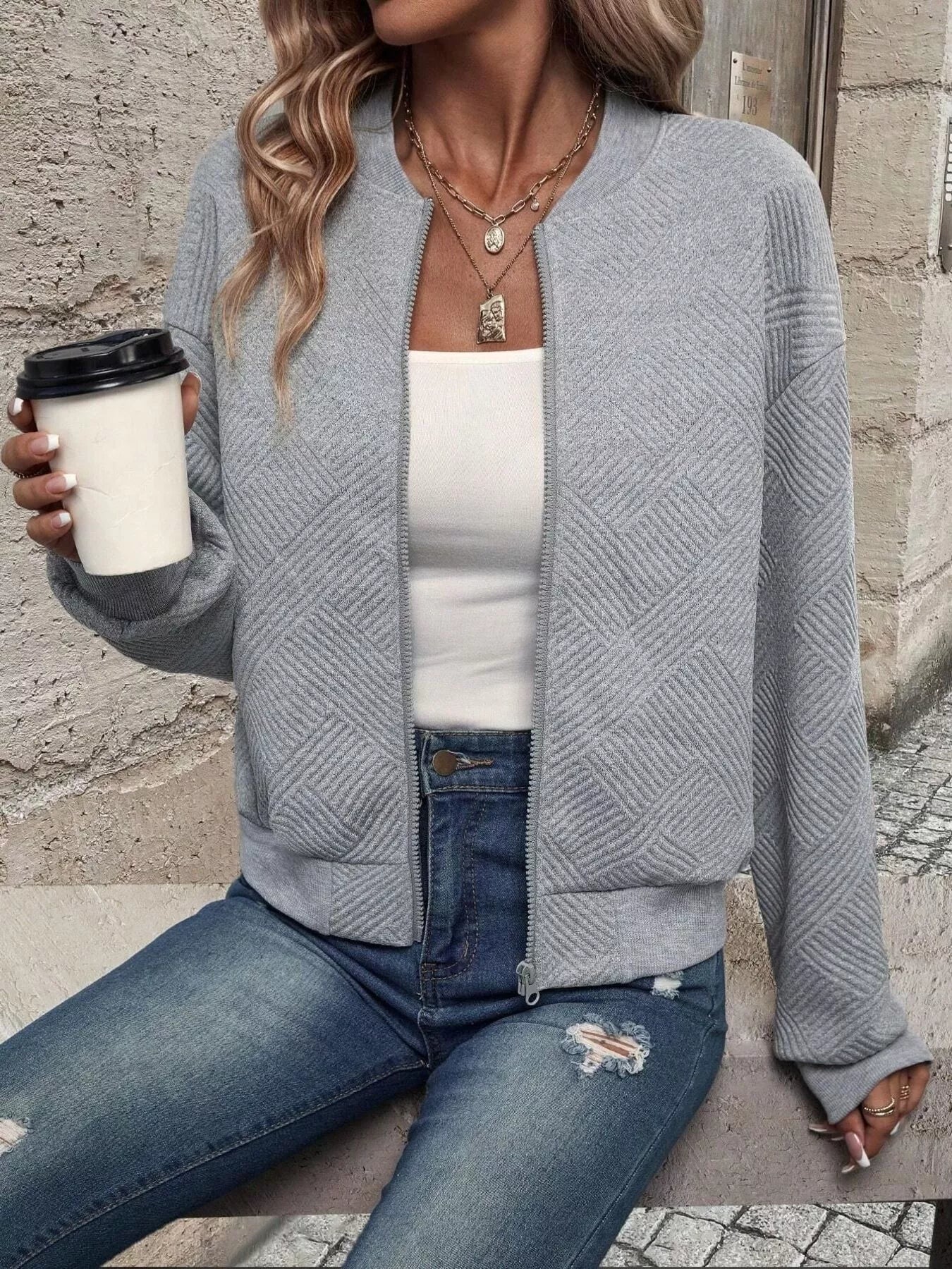 Veste Bomber à Fermeture Éclair Texturée