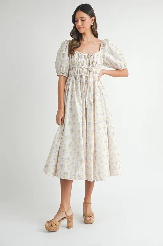 Floral Drawstring Detail Puff Sleeve Midi Dress