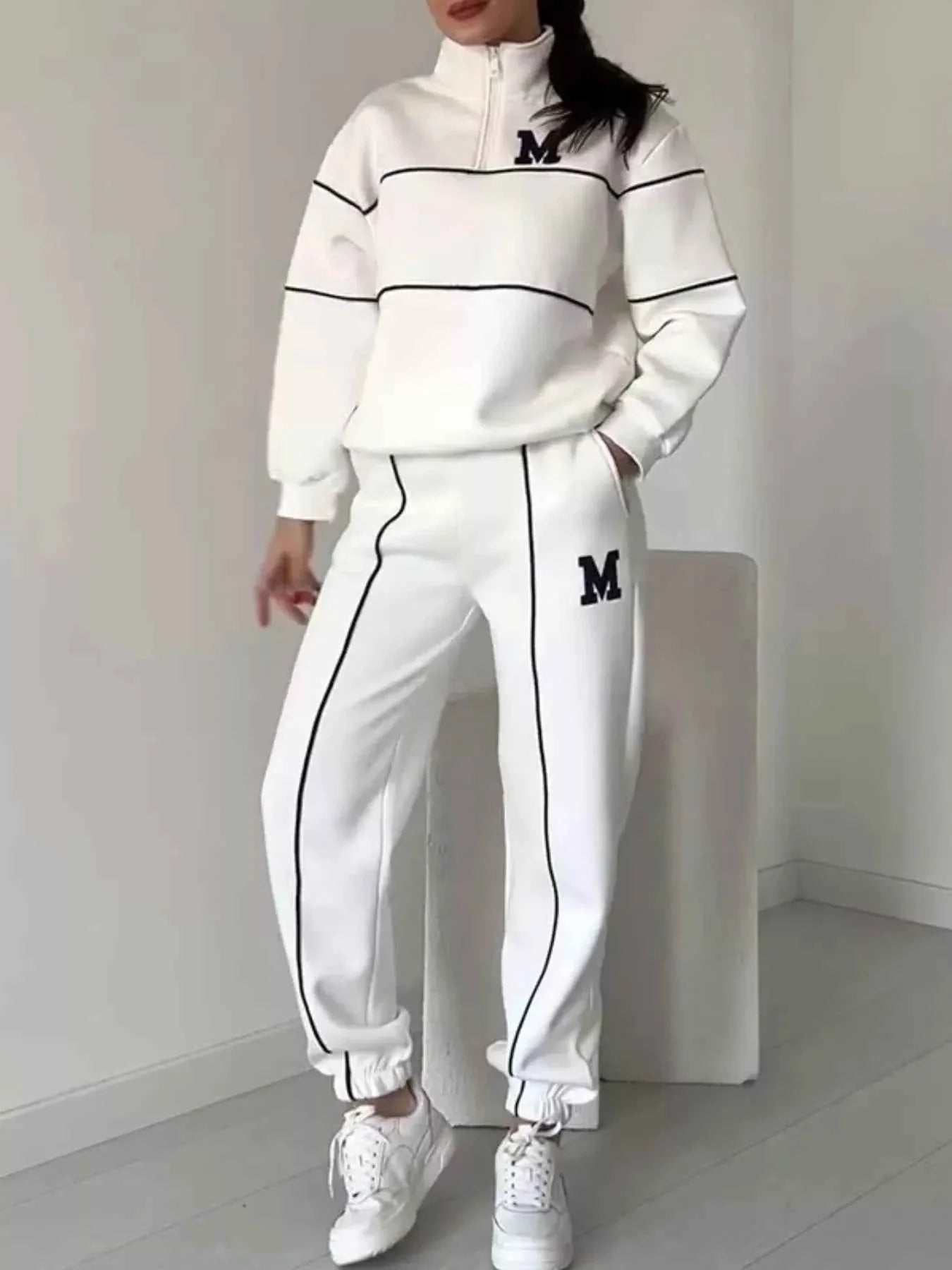 Plus Size Striped Quarter Zip Top and Pants Set