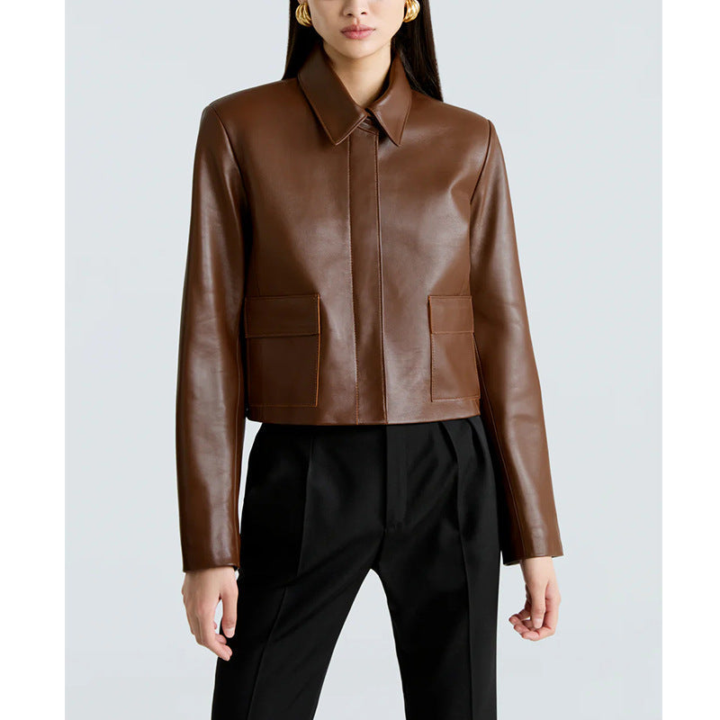 Womens Biker-Style Lapel Leather Jacket