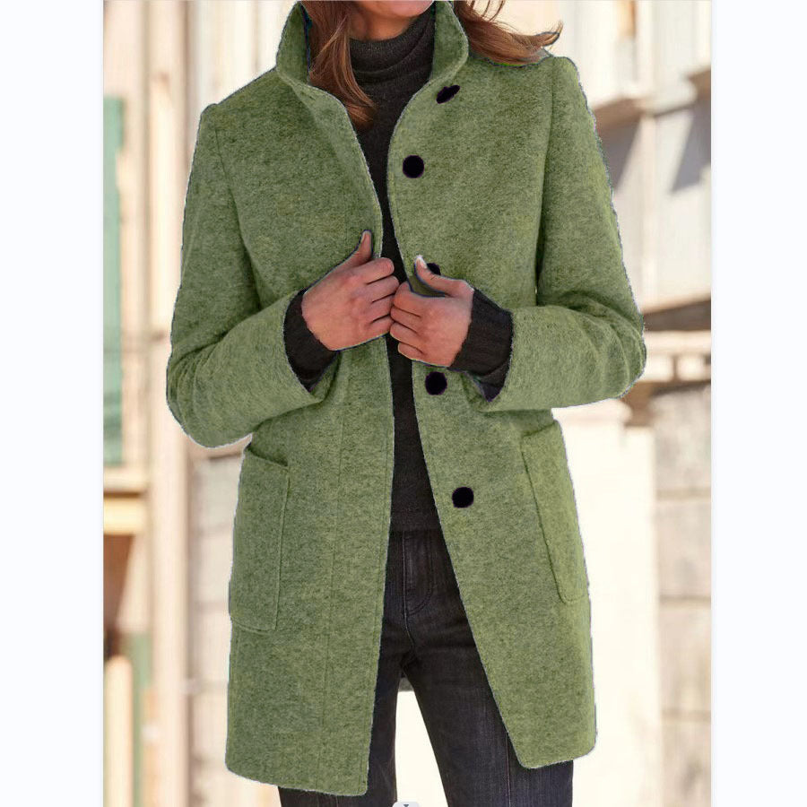 Manteau en Laine à Col Montant avec Poches pour Femmes
