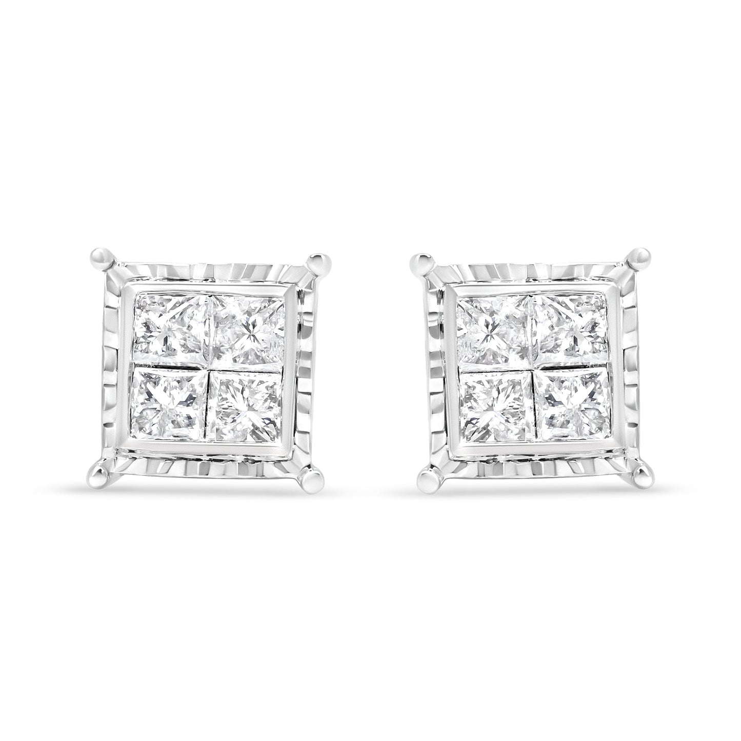 14K White Gold Princess-Cut Diamond Quad Stud Earrings