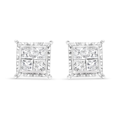 Pendientes de Stud Cuádruples de Diamante Cortado Princesa en Oro Blanco de 14K