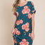 Vestido corto de camiseta con cuello redondo floral y bolsillos para mujeres