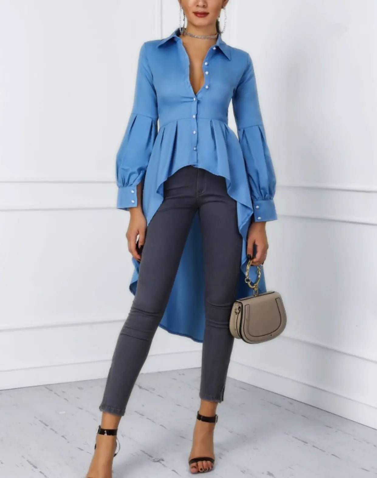 Solid Color Lantern Sleeve Tail Dress