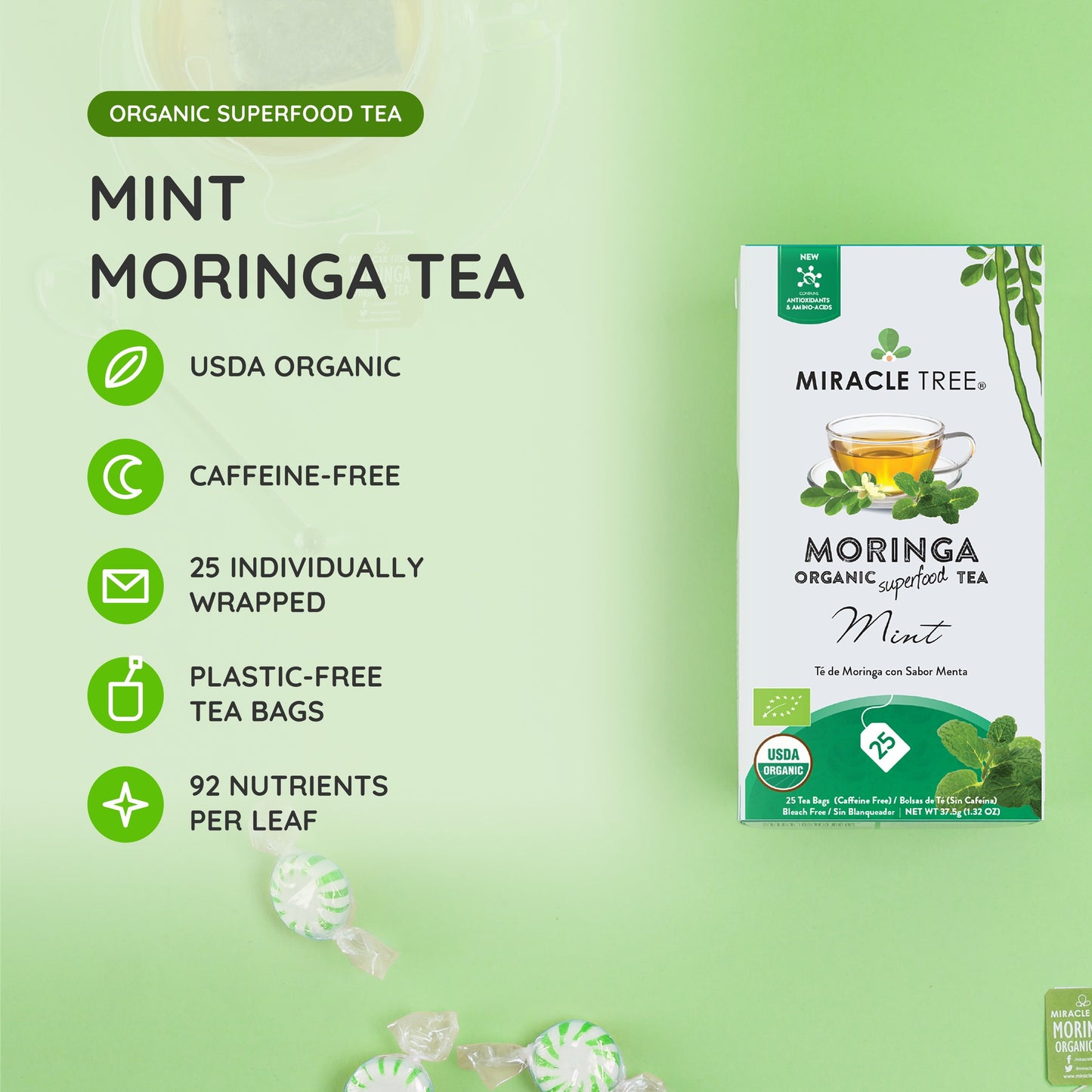 Organic Moringa Tea with Mint - 25 Wrapped Tea Bags