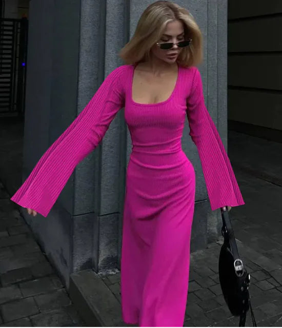 Vestido Elegante con Escote en U, Cordones en la Espalda y Mangas de Campana