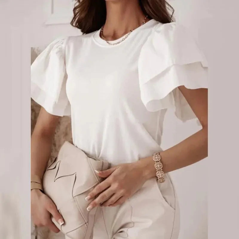 Blusa Sólida Elegante de Cuello Redondo para Oficina