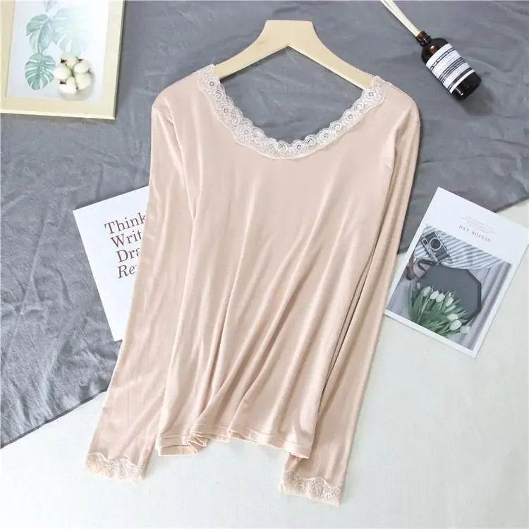 Top Térmico Slim de Manga Larga con Encaje en V para Mujeres