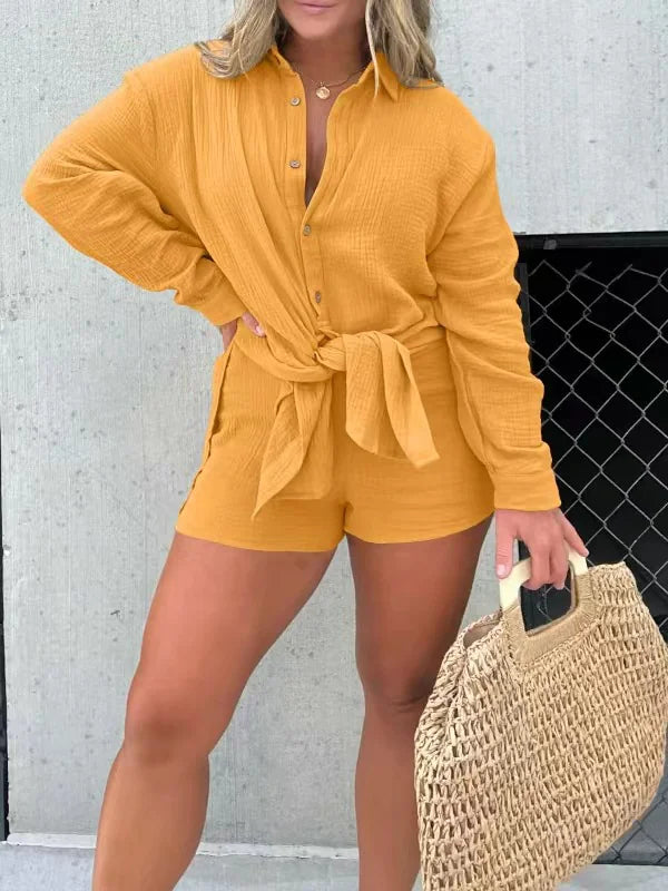 Ensemble de Chemise Longue et Short en Crêpe à Double Couche