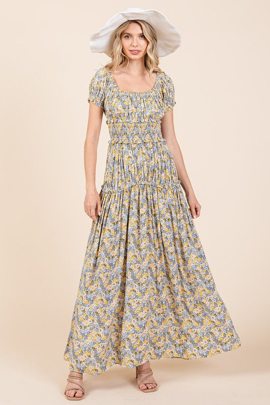 Summer Flower Print Puff Sleeve Maxi Dress