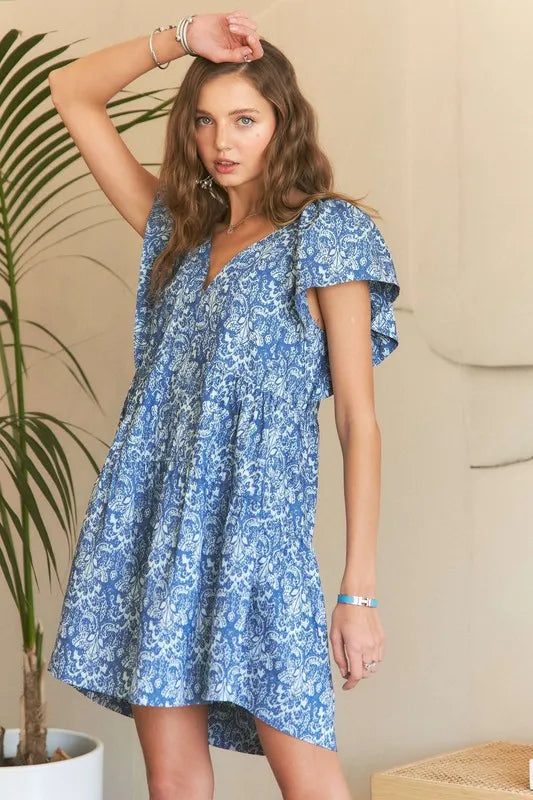 Summer Printed V-Neck Ruffle Sleeve Mini Dress
