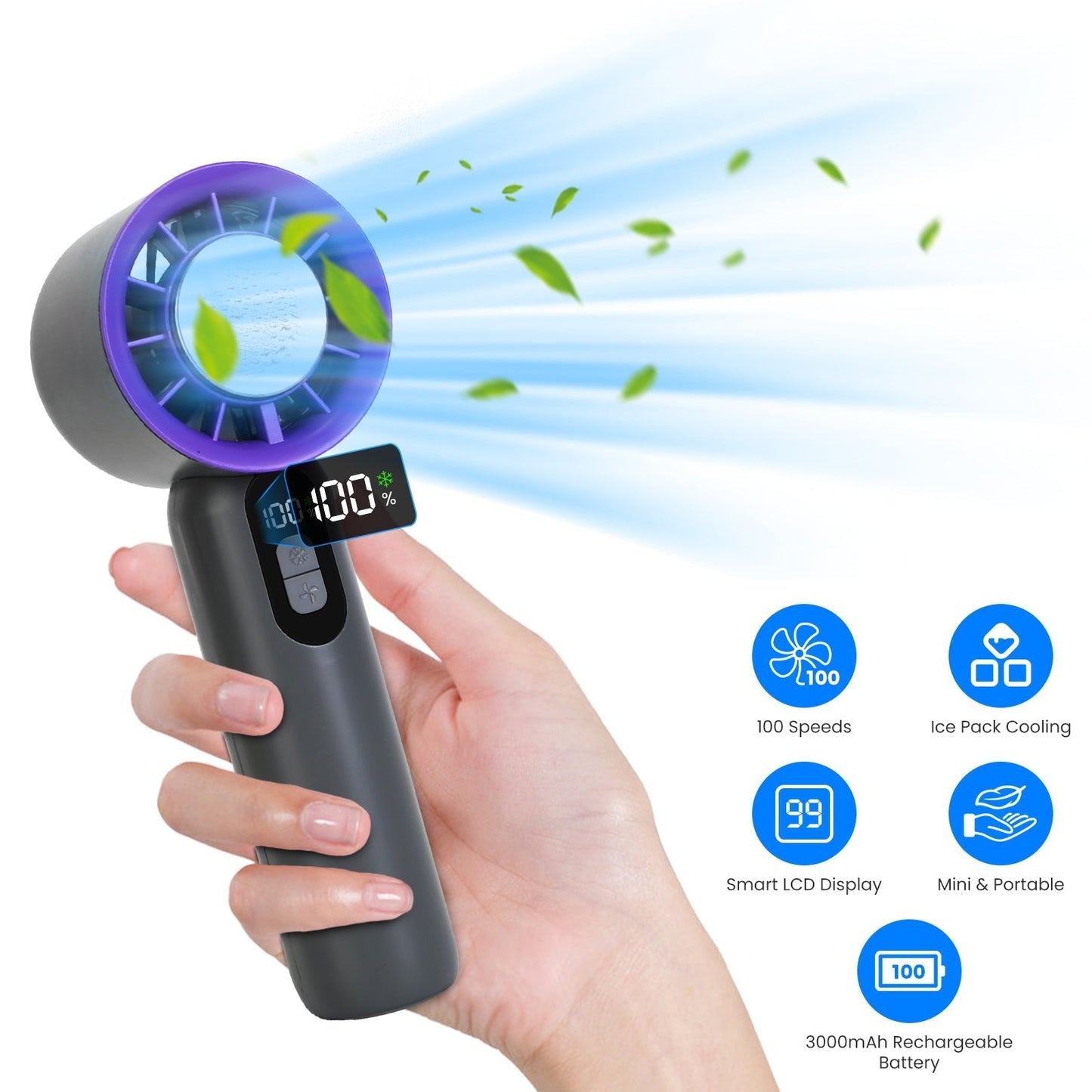 Ventilateur portable à main 100 vitesses avec refroidisseur à glace - Rechargeable et portable