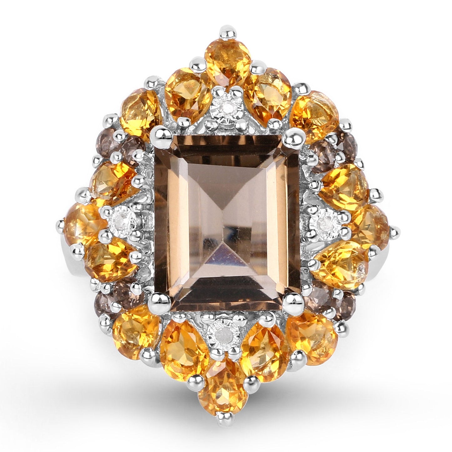 Bague en argent sterling avec quartz fumé de 6,72 carats, citrine et diamant