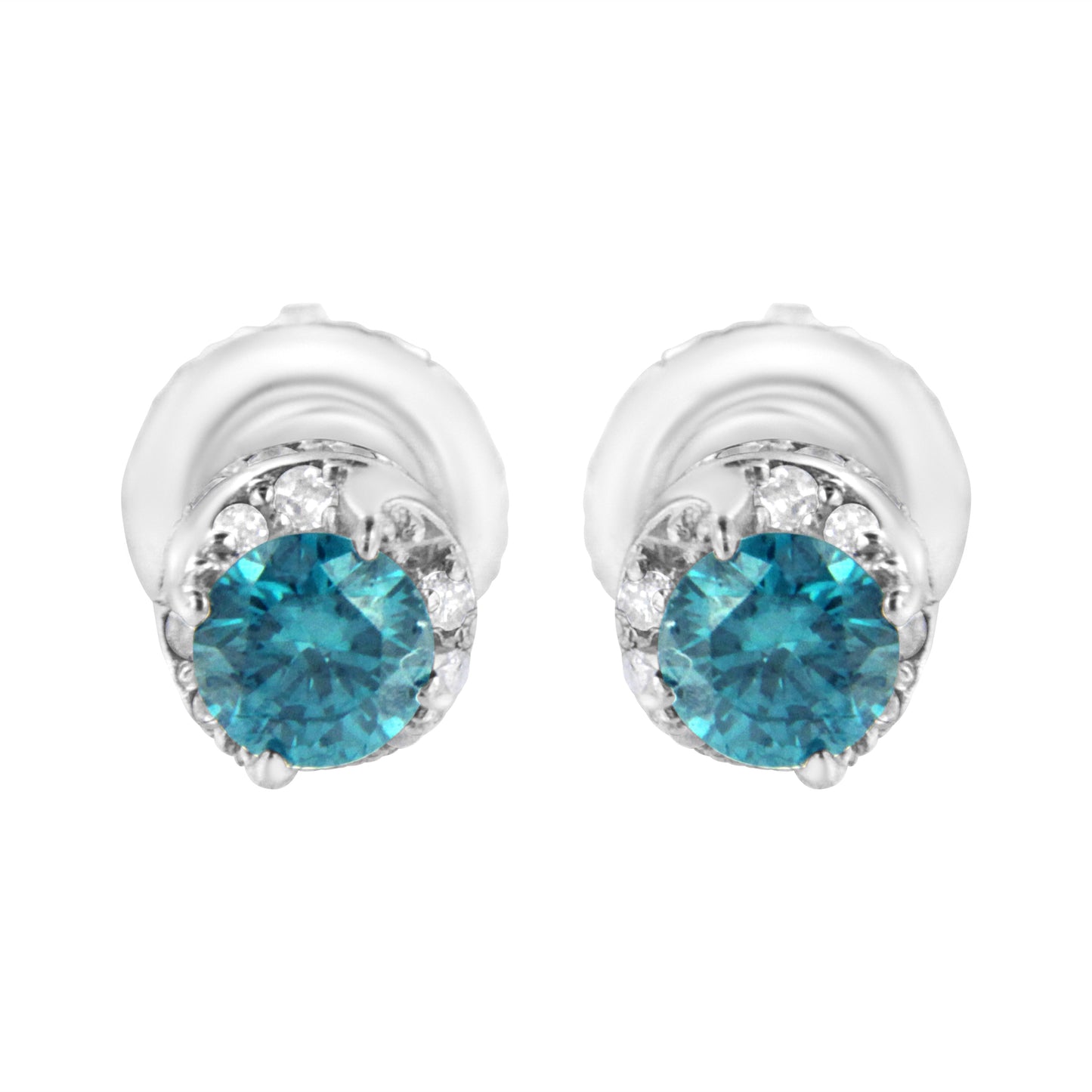 Pendientes de Diamante Redondo de Oro Blanco de 14K con Acento Azul