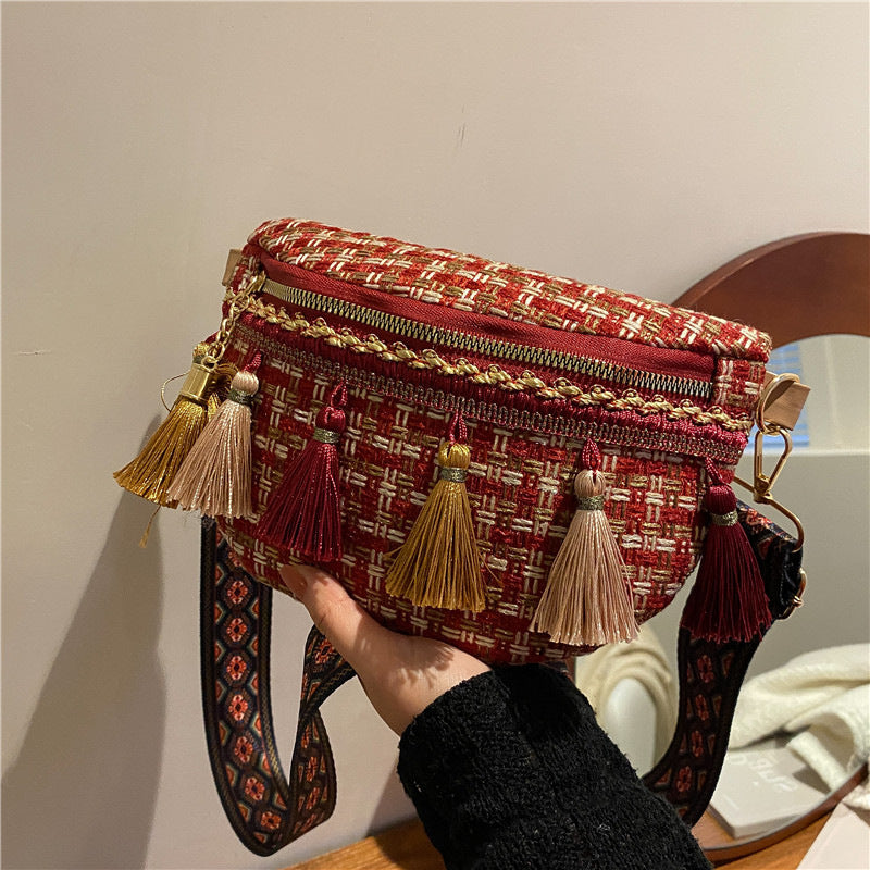 Bolso de Hombro Woven con Borlas para Viajes Casuales