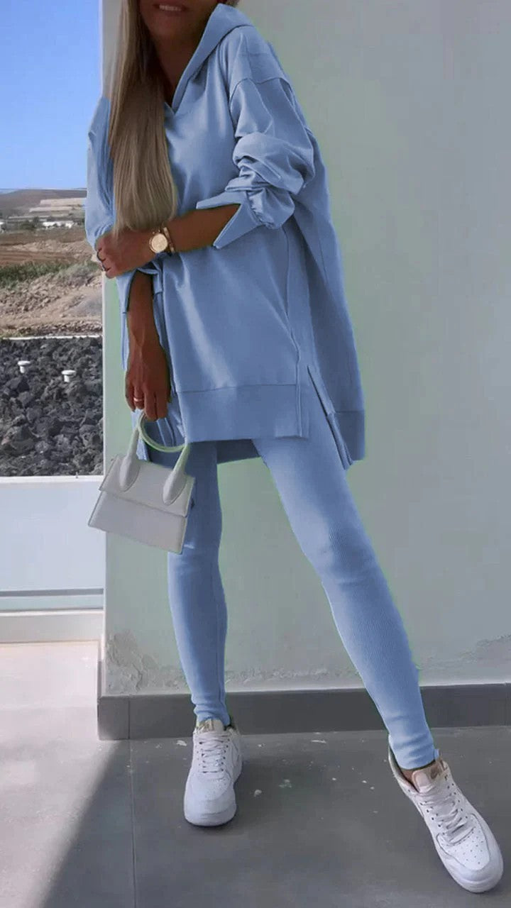 Women's Sports Casual Slit Hooded Sweatshirt Tights Set