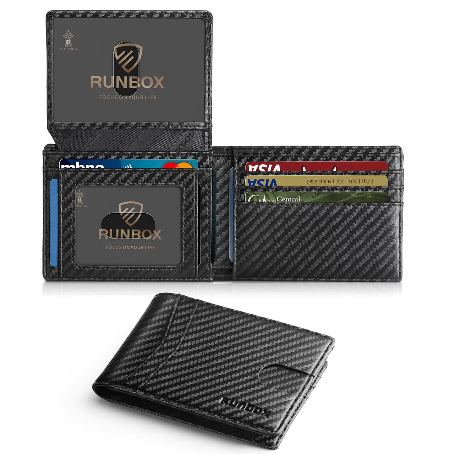 Cartera delgada RUNBOX RFID de cuero para hombres con caja de regalo - Negro carbón