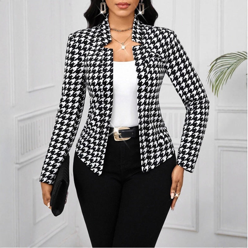 Blazer Houndstooth Automne Hiver Cardigan Long Manches