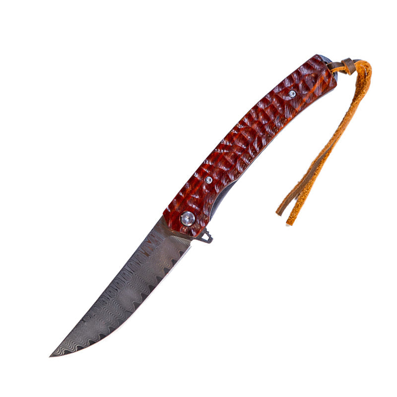 Premium Damascus Flipper Knife with Scraped Wood Handle - 3.75" Blade, 8.2" Overall Length - Korvel