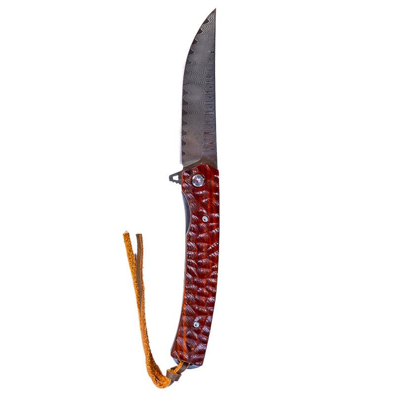 Premium Damascus Flipper Knife with Scraped Wood Handle - 3.75" Blade, 8.2" Overall Length - Korvel