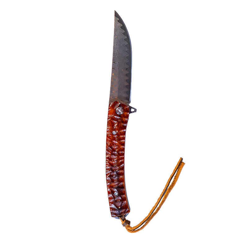 Premium Damascus Flipper Knife with Scraped Wood Handle - 3.75" Blade, 8.2" Overall Length - Korvel