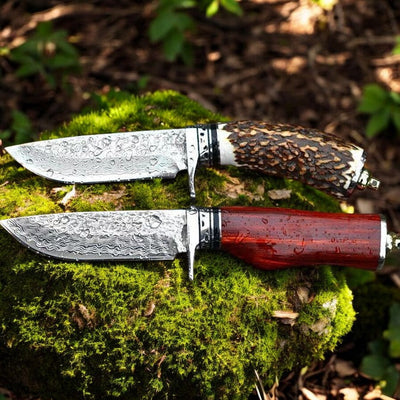 Artisan Crafted Damascus Steel Hunting Knife – 9" with Unique Wood and Antler Handle - Korvel