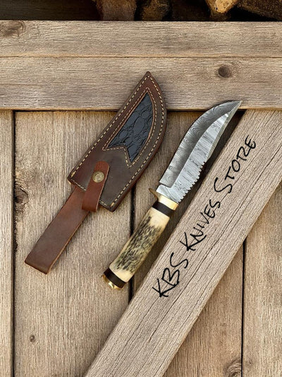 Premium Damascus Hunting Knife – 10" Blade with Antler Handle & Brass Guard - Korvel